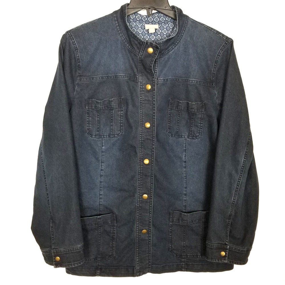 J.‎ Jill Jacket Womens Sz XL Denim 4 Pocket Printed Cuff Dark Navy Snap Front